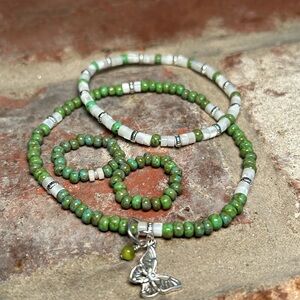 African Turquoise Seed Bead Anklet & Mother of Pearl Bracelet with Two Rings
